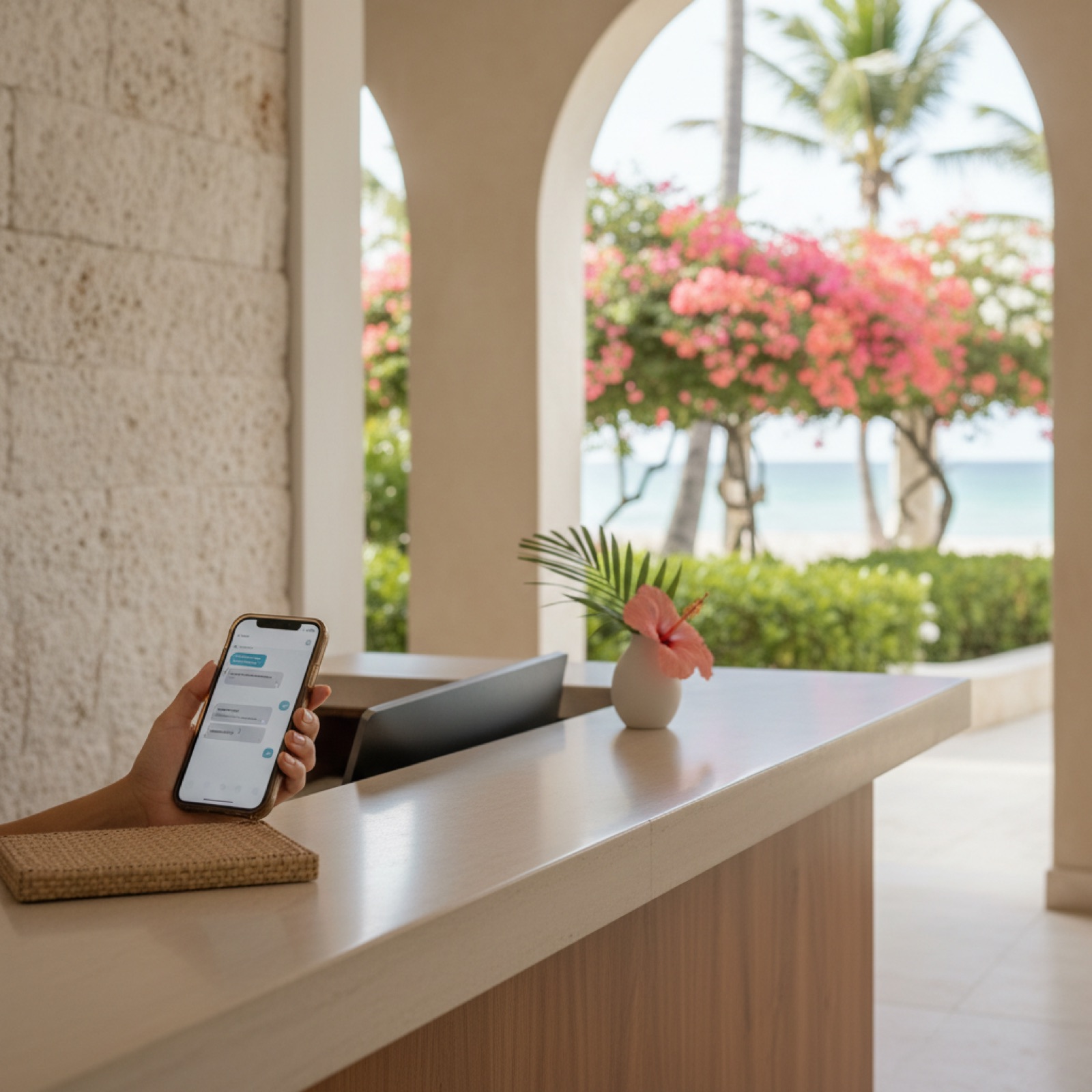 Recepción de un hotel caribeño: huésped con el teléfono en la mano