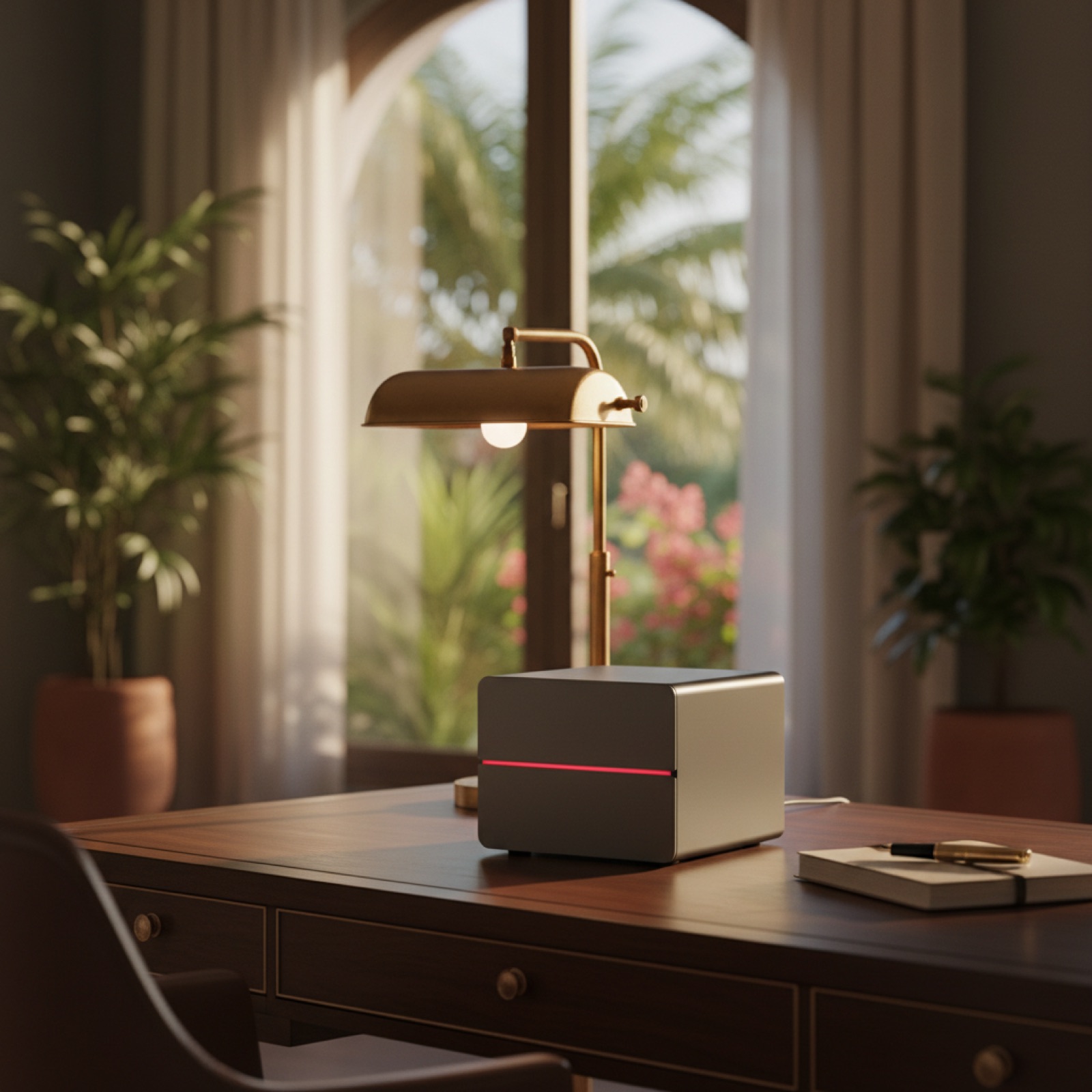 Conectao Core en el escritorio de un hotel boutique caribeño, LED rojo encendido