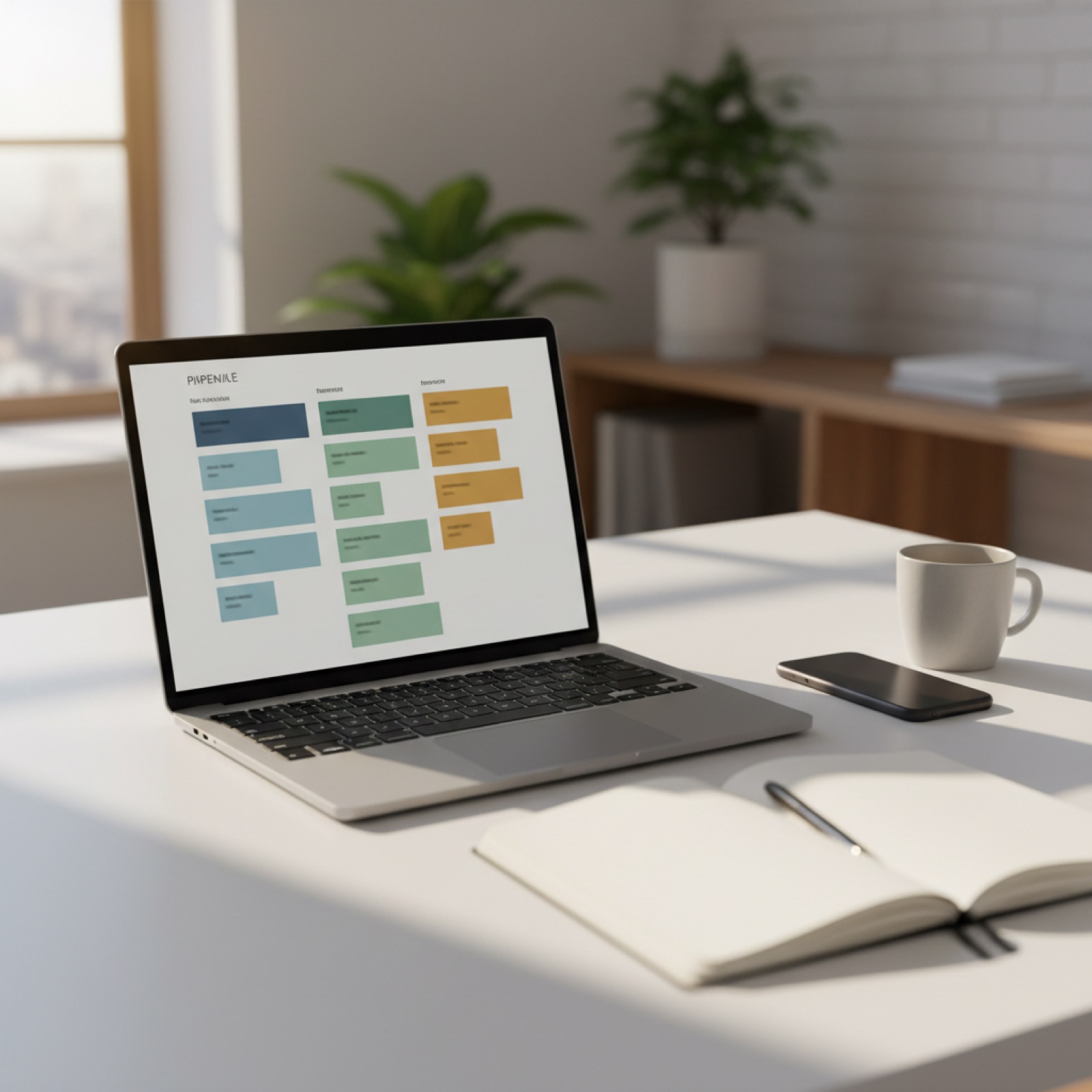 Tablero CRM de columnas en un escritorio luminoso