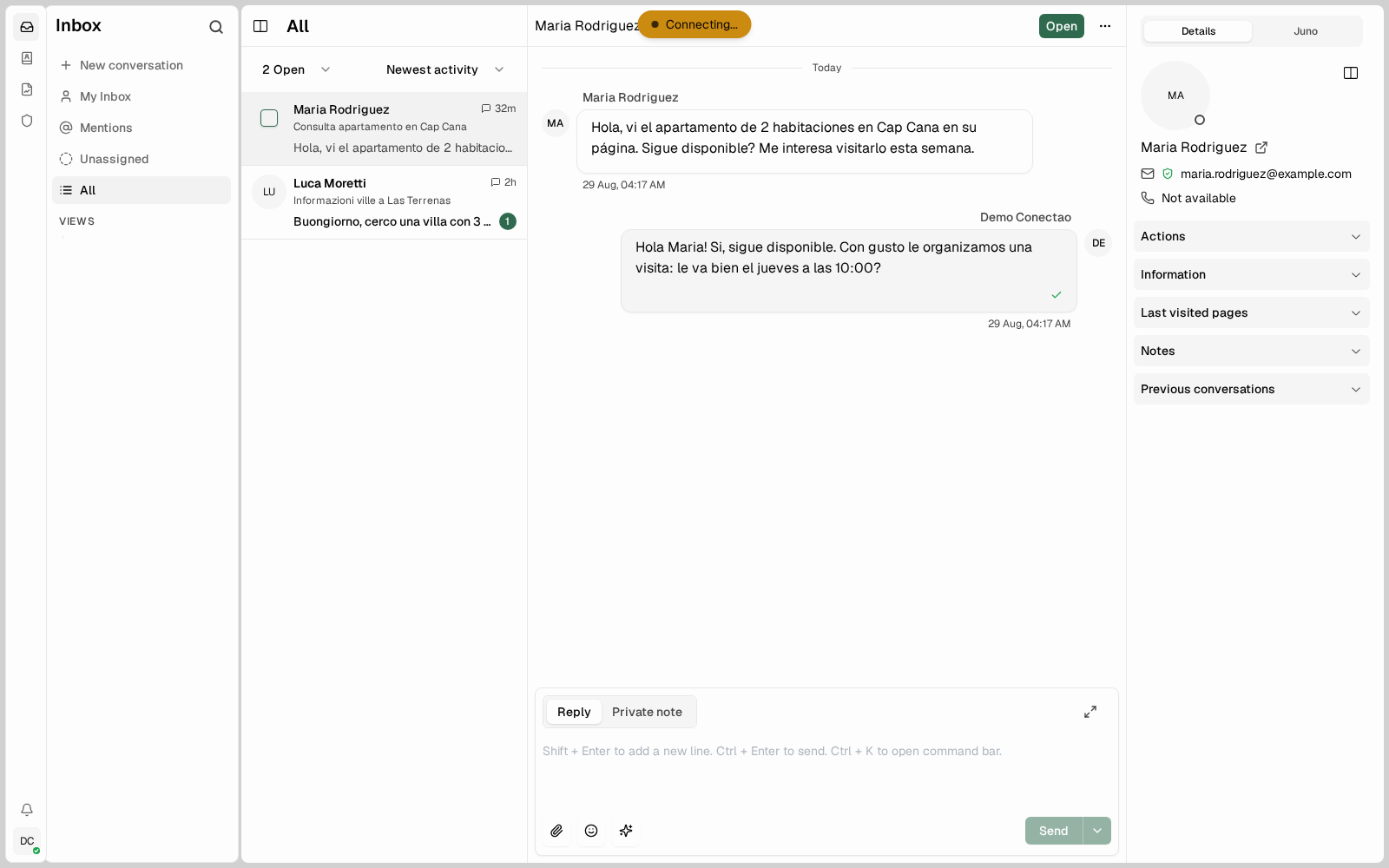 Calypso instalado: conversaciones con huéspedes y ficha de contacto