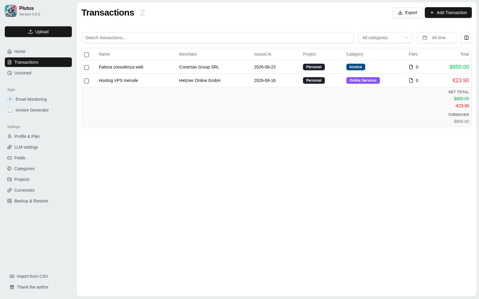 Plutus instalado: tabla de transacciones con totales multi-moneda